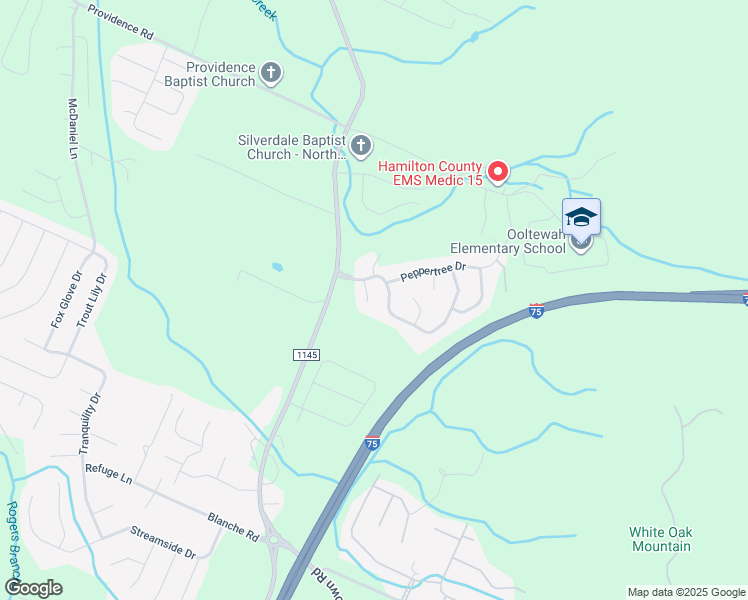 map of restaurants, bars, coffee shops, grocery stores, and more near 7518 Wild Iris Way in Ooltewah