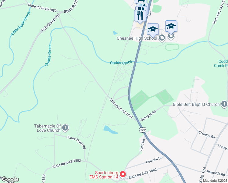 map of restaurants, bars, coffee shops, grocery stores, and more near 122 Mossburg Road in Chesnee