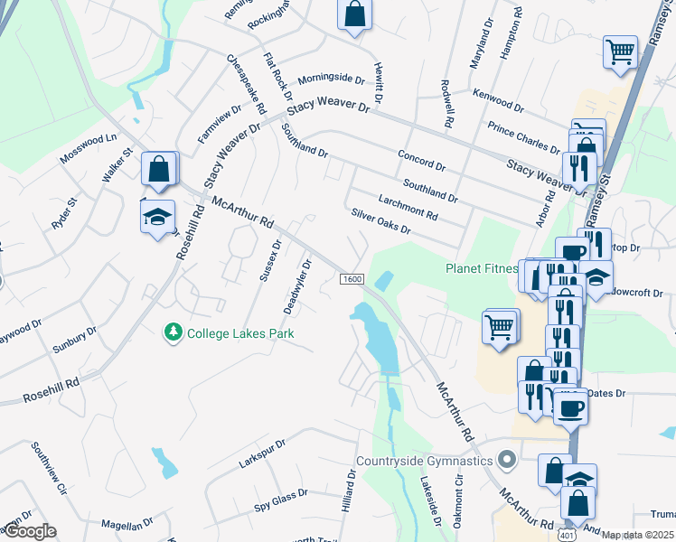 map of restaurants, bars, coffee shops, grocery stores, and more near 737 McArthur Road in Fayetteville