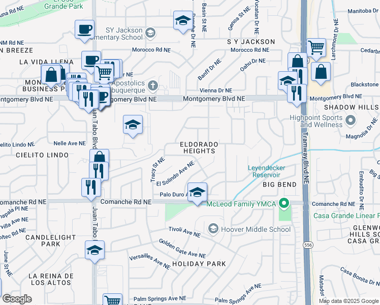map of restaurants, bars, coffee shops, grocery stores, and more near 11909 Fulmer Drive Northeast in Albuquerque