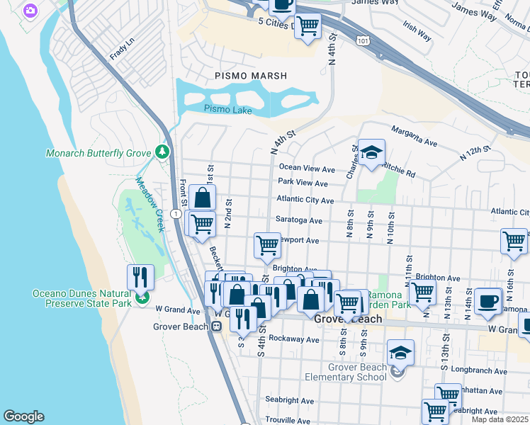 map of restaurants, bars, coffee shops, grocery stores, and more near 325 Saratoga Avenue in Grover Beach