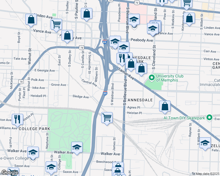 map of restaurants, bars, coffee shops, grocery stores, and more near 1154 Central Avenue in Memphis