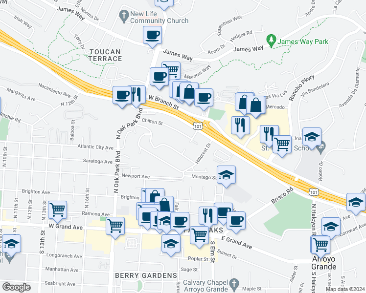 map of restaurants, bars, coffee shops, grocery stores, and more near 227 Robles Road in Arroyo Grande