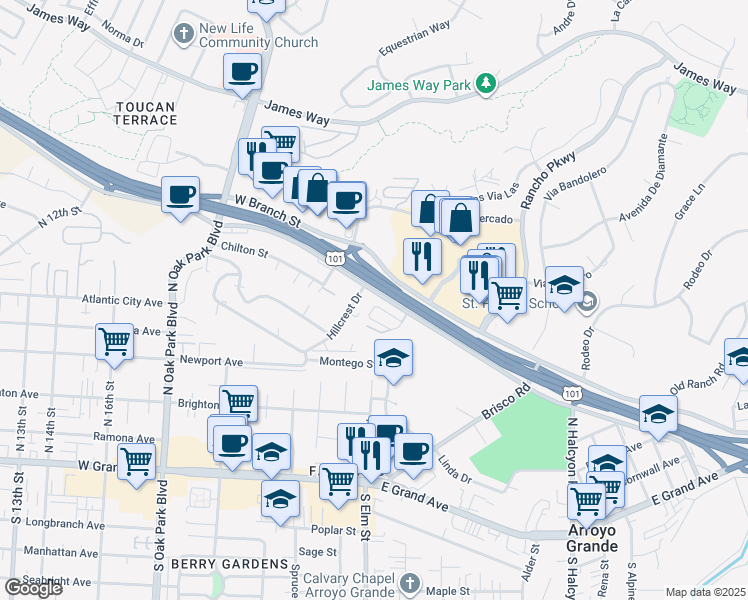 map of restaurants, bars, coffee shops, grocery stores, and more near 1160 Stonecrest Drive in Arroyo Grande