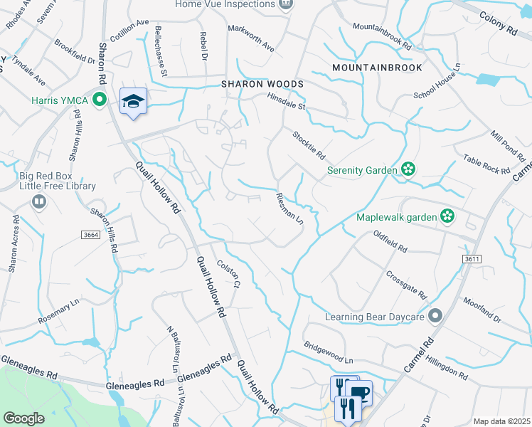 map of restaurants, bars, coffee shops, grocery stores, and more near 4614 Messian Court in Charlotte