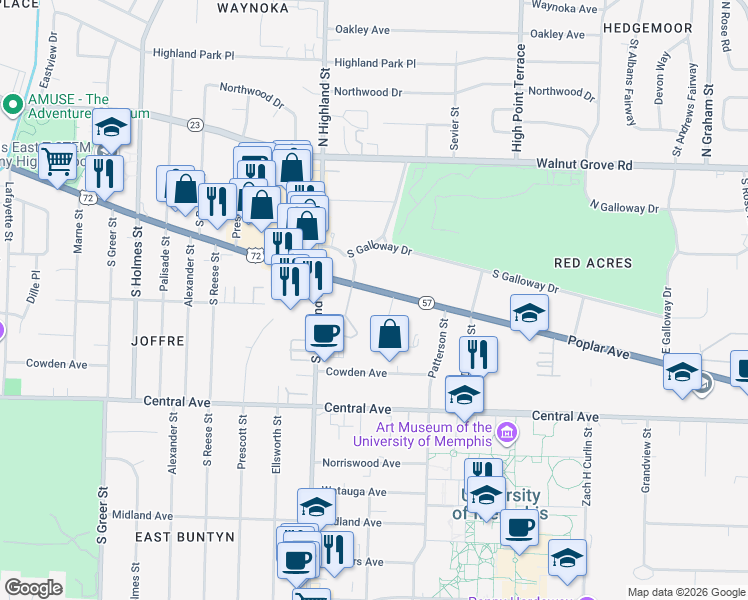 map of restaurants, bars, coffee shops, grocery stores, and more near 3575 Poplar Avenue in Memphis