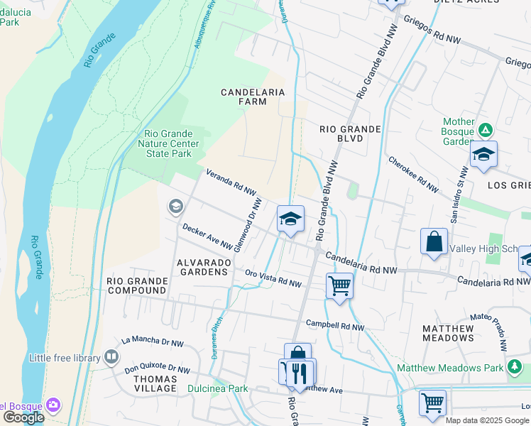 map of restaurants, bars, coffee shops, grocery stores, and more near 3124 Glenwood Drive Northwest in Albuquerque