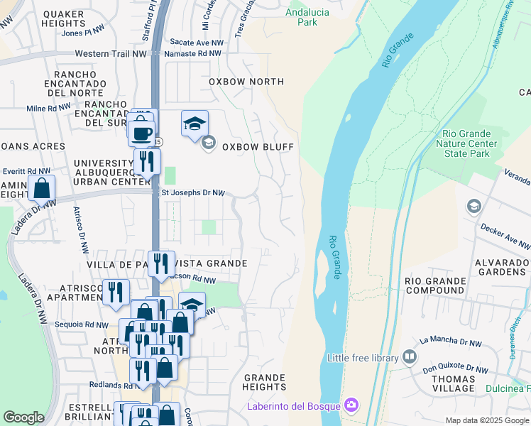 map of restaurants, bars, coffee shops, grocery stores, and more near 3912 Oxbow Village Lane Northwest in Albuquerque