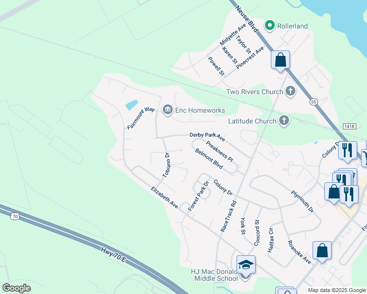 map of restaurants, bars, coffee shops, grocery stores, and more near 3861 Blue Grass Court in New Bern