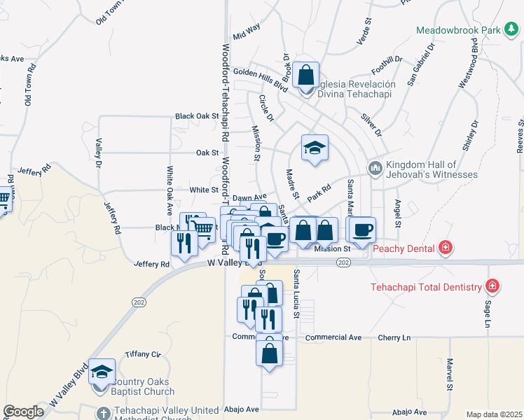 map of restaurants, bars, coffee shops, grocery stores, and more near 21201 Mission Street in Tehachapi