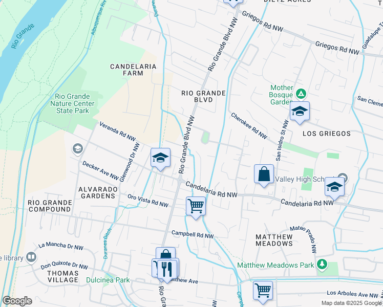 map of restaurants, bars, coffee shops, grocery stores, and more near 3214 Rio Grande Boulevard Northwest in Albuquerque