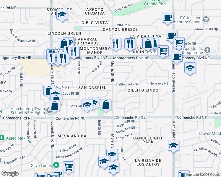 map of restaurants, bars, coffee shops, grocery stores, and more near 10309 Santa Paula Avenue Northeast in Albuquerque