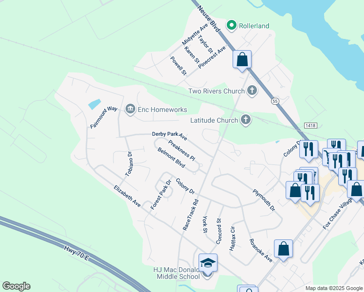 map of restaurants, bars, coffee shops, grocery stores, and more near 3426 Preakness Pl in New Bern