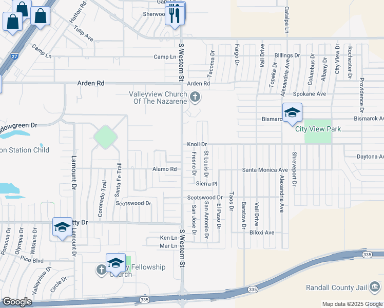 map of restaurants, bars, coffee shops, grocery stores, and more near 4100 Provo Place in Amarillo