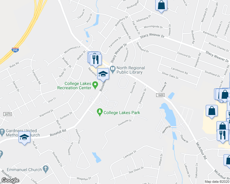 map of restaurants, bars, coffee shops, grocery stores, and more near 2550 McArthur Landing Circle in Fayetteville