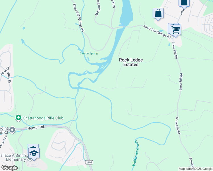 map of restaurants, bars, coffee shops, grocery stores, and more near 7813 Clara Chase Drive in Ooltewah