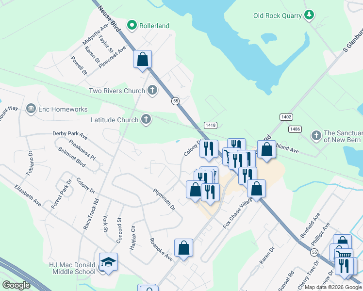 map of restaurants, bars, coffee shops, grocery stores, and more near 1241 Colony Drive in New Bern