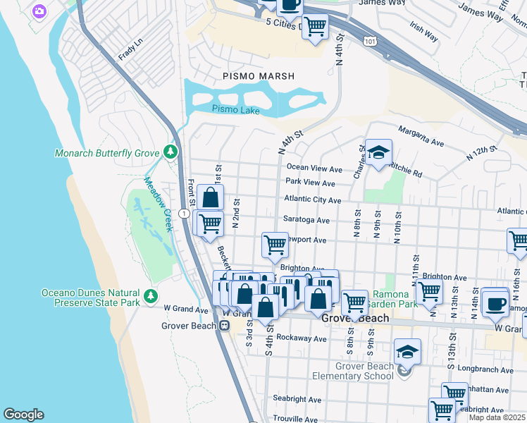 map of restaurants, bars, coffee shops, grocery stores, and more near 325 Saratoga Avenue in Grover Beach