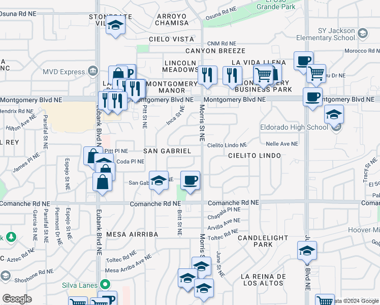 map of restaurants, bars, coffee shops, grocery stores, and more near 10309 Santa Paula Avenue Northeast in Albuquerque