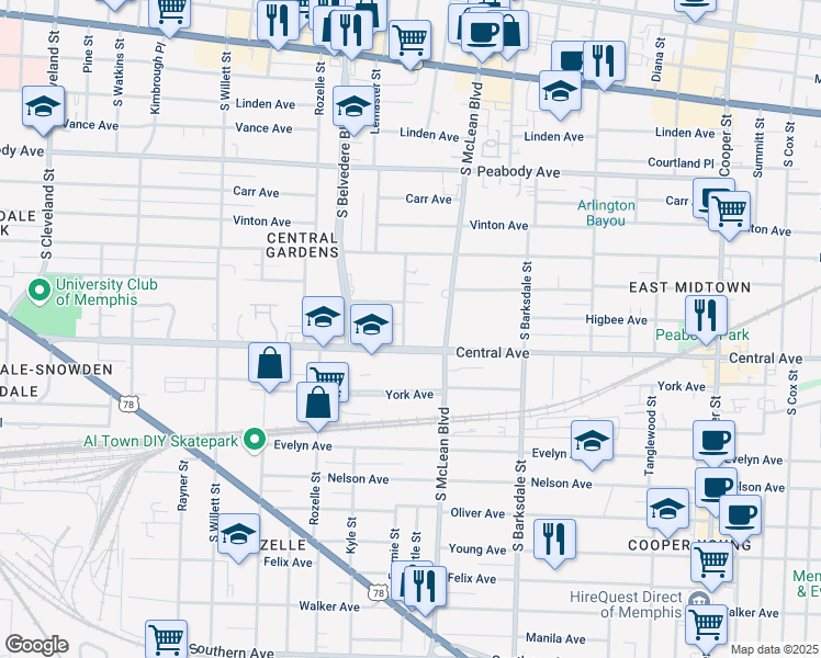 map of restaurants, bars, coffee shops, grocery stores, and more near 698 Anderson Street in Memphis