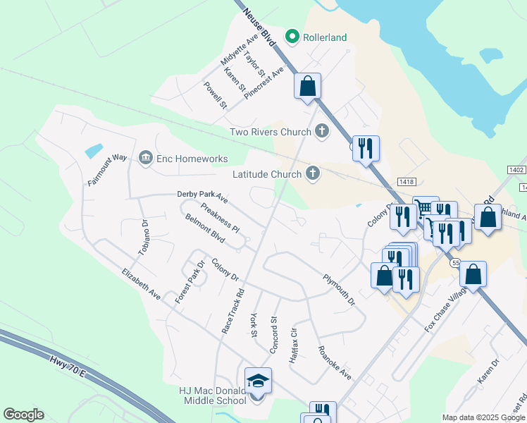 map of restaurants, bars, coffee shops, grocery stores, and more near 264 Lombardi Circle in New Bern