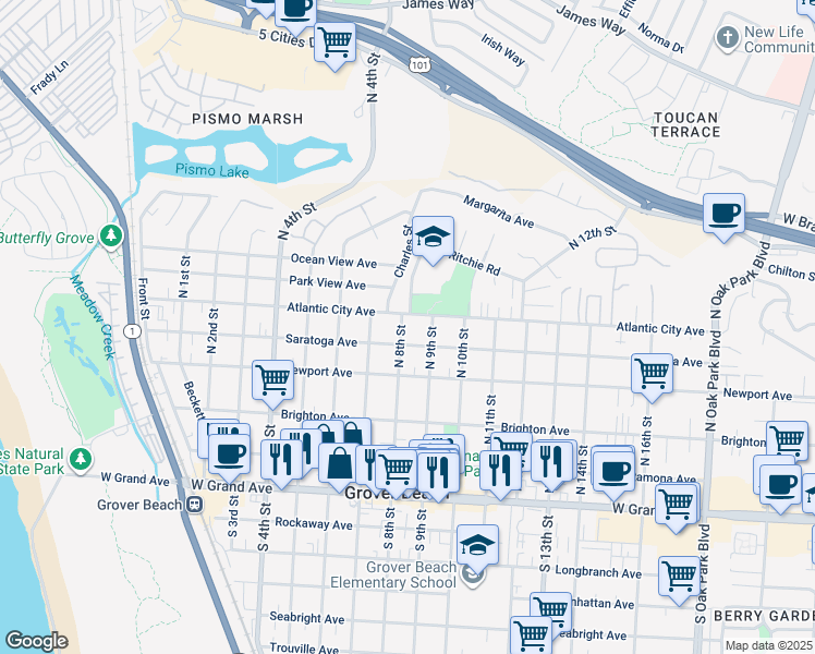 map of restaurants, bars, coffee shops, grocery stores, and more near 562 North 8th Street in Grover Beach