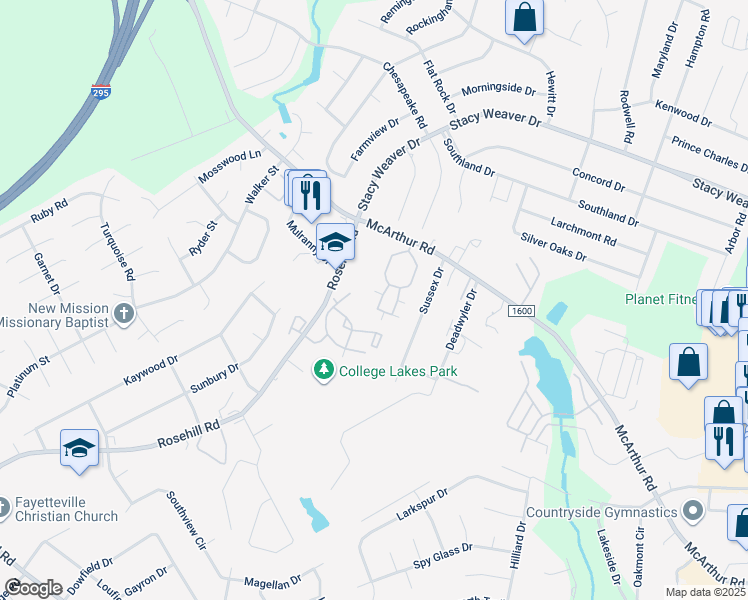 map of restaurants, bars, coffee shops, grocery stores, and more near 2550 McArthur Landing Circle in Fayetteville