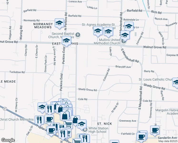 map of restaurants, bars, coffee shops, grocery stores, and more near 4736 Gwynne Road in Memphis
