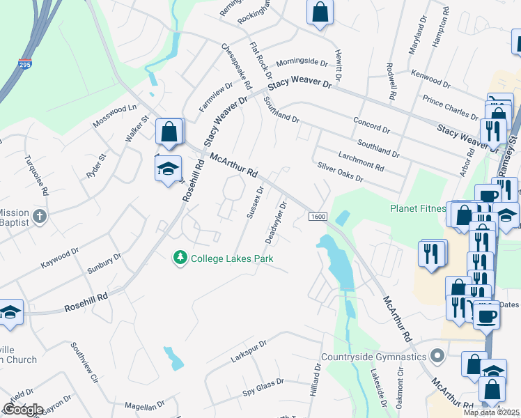 map of restaurants, bars, coffee shops, grocery stores, and more near 4238 Sussex Drive in Fayetteville