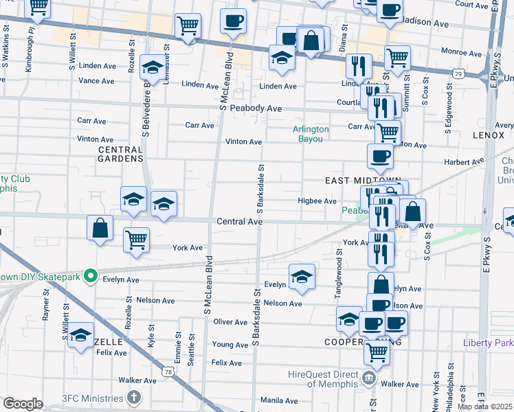 map of restaurants, bars, coffee shops, grocery stores, and more near 695 South Barksdale Street in Memphis