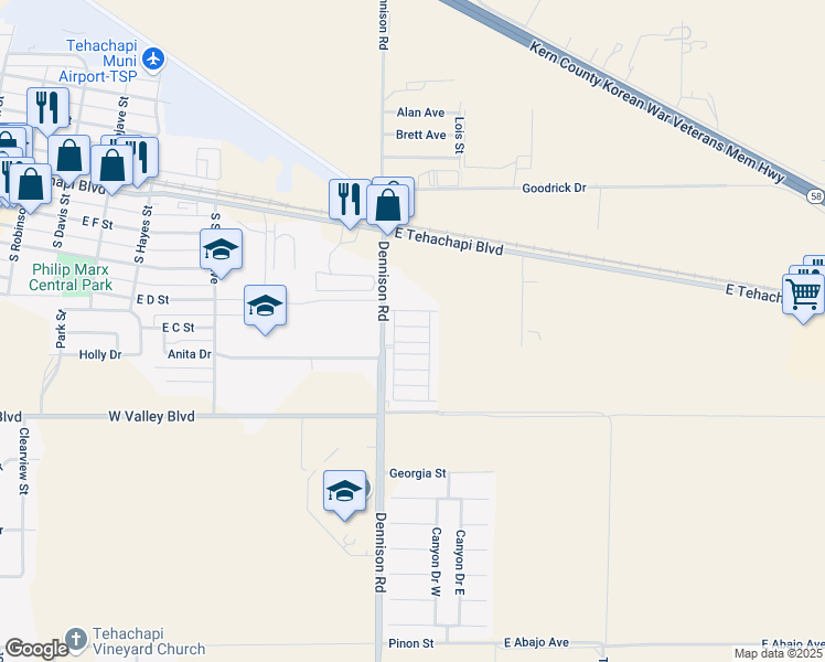 map of restaurants, bars, coffee shops, grocery stores, and more near in Tehachapi