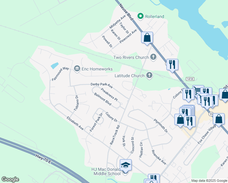 map of restaurants, bars, coffee shops, grocery stores, and more near 117 Derby Park Avenue in New Bern