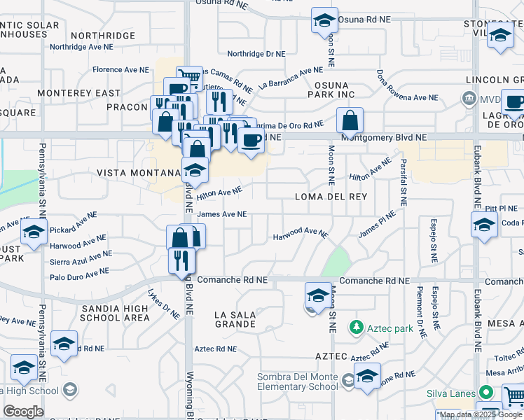 map of restaurants, bars, coffee shops, grocery stores, and more near 8609 James Avenue Northeast in Albuquerque