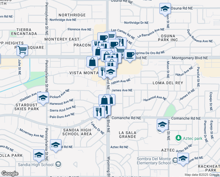 map of restaurants, bars, coffee shops, grocery stores, and more near 8401 James Avenue Northeast in Albuquerque