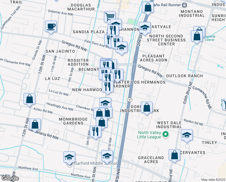 map of restaurants, bars, coffee shops, grocery stores, and more near 343 San Clemente Avenue Northwest in Albuquerque