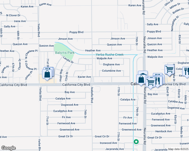 map of restaurants, bars, coffee shops, grocery stores, and more near 7501 Xavier Avenue in California City