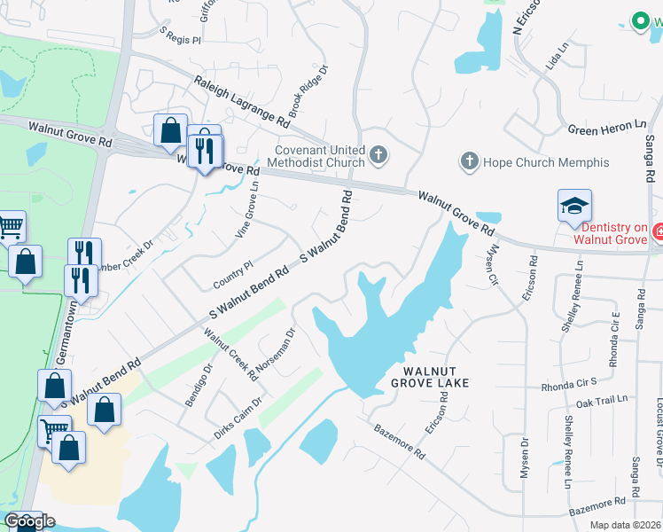 map of restaurants, bars, coffee shops, grocery stores, and more near 8407 Walnut Grove Road in Memphis