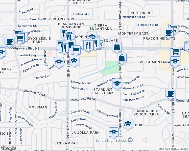 map of restaurants, bars, coffee shops, grocery stores, and more near 7209 Bellrose Court Northeast in Albuquerque