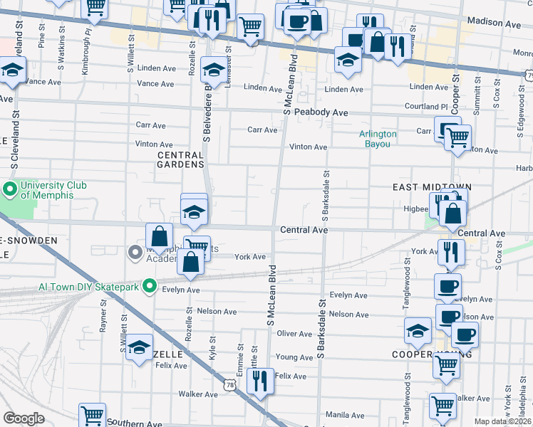map of restaurants, bars, coffee shops, grocery stores, and more near 695 South McLean Boulevard in Memphis