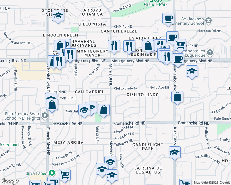 map of restaurants, bars, coffee shops, grocery stores, and more near 10425 Sierra Bonita Avenue Northeast in Albuquerque