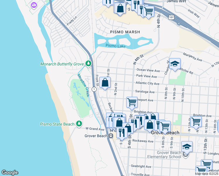 map of restaurants, bars, coffee shops, grocery stores, and more near 139 Saratoga Avenue in Grover Beach