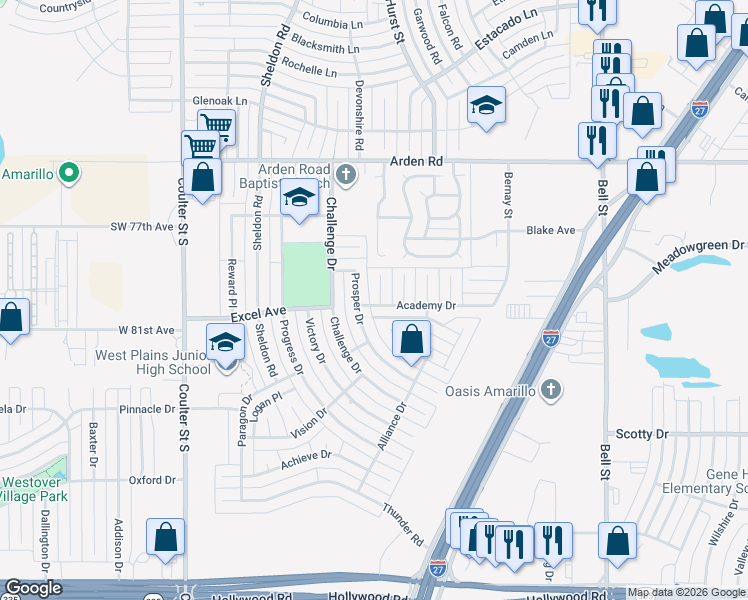 map of restaurants, bars, coffee shops, grocery stores, and more near 7912 Advance Place in Amarillo