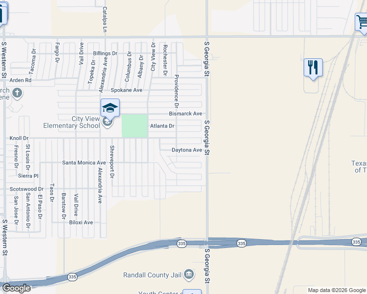 map of restaurants, bars, coffee shops, grocery stores, and more near 2901 Knoll Drive in Amarillo
