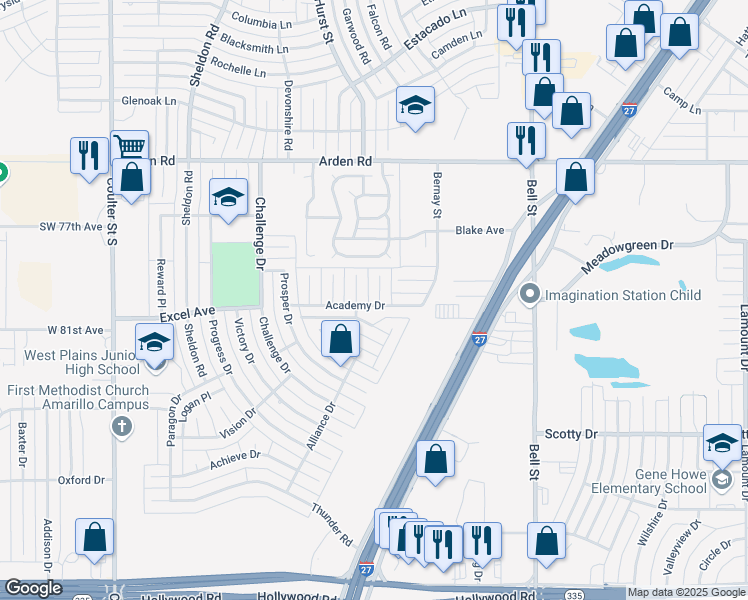 map of restaurants, bars, coffee shops, grocery stores, and more near 7912 Goal Place in Amarillo