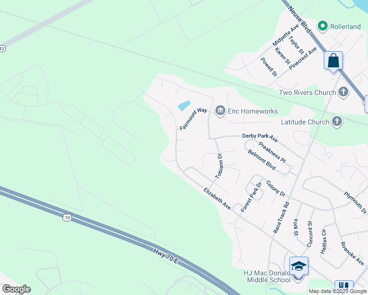 map of restaurants, bars, coffee shops, grocery stores, and more near 3920 Elizabeth Avenue in New Bern