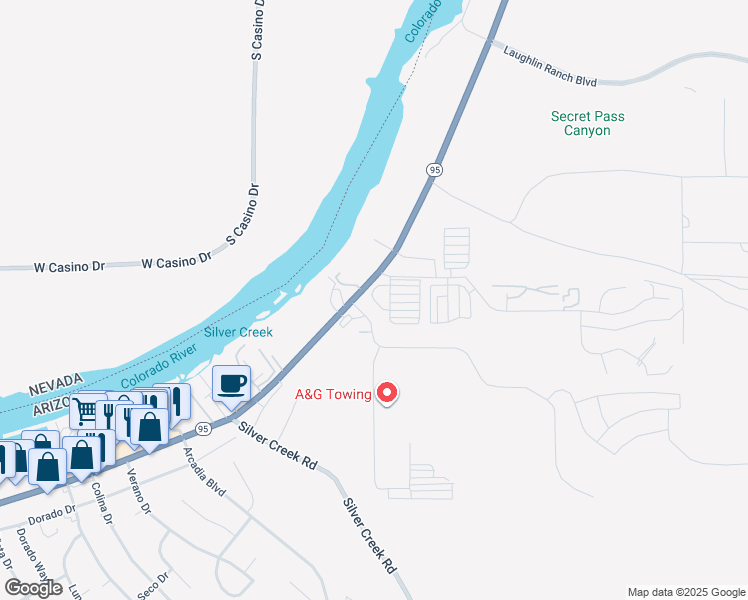 map of restaurants, bars, coffee shops, grocery stores, and more near Sands Cir in Bullhead City