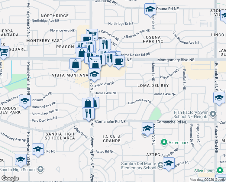 map of restaurants, bars, coffee shops, grocery stores, and more near 8509 James Avenue Northeast in Albuquerque