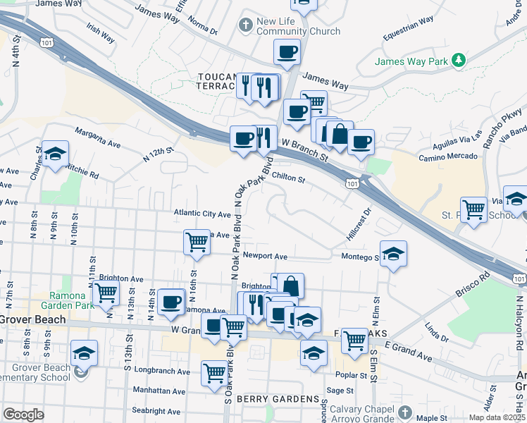 map of restaurants, bars, coffee shops, grocery stores, and more near 1545 Hillcrest Drive in Arroyo Grande