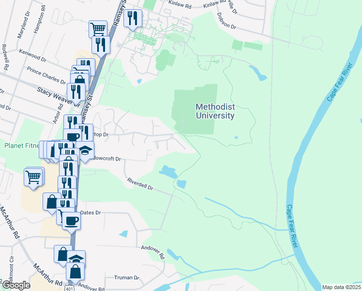 map of restaurants, bars, coffee shops, grocery stores, and more near 334 Tartan Court in Fayetteville