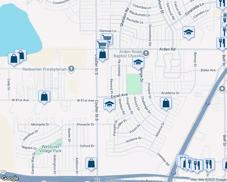 map of restaurants, bars, coffee shops, grocery stores, and more near 7917 Reward Place in Amarillo